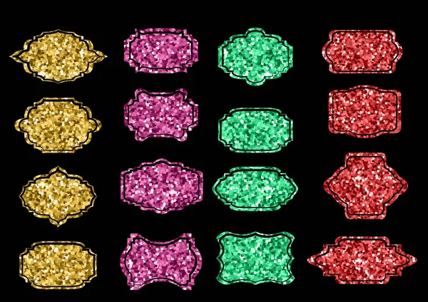 Συλλογή από μοντέρνα σχήματα χρυσό sparkley. Ορίστε sunburst σχεδιαστικά στοιχεία. Καλύτερο για πώληση αυτοκόλλητο, τιμή ετικέτας, σημάδι. — Διανυσματικό Αρχείο