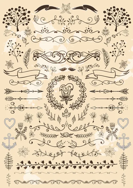 Grote reeks van vintage elementen. Vector decoratie collectie. Hand getrokken bloemen en bladeren, linten en pagina decor. — Stockvector