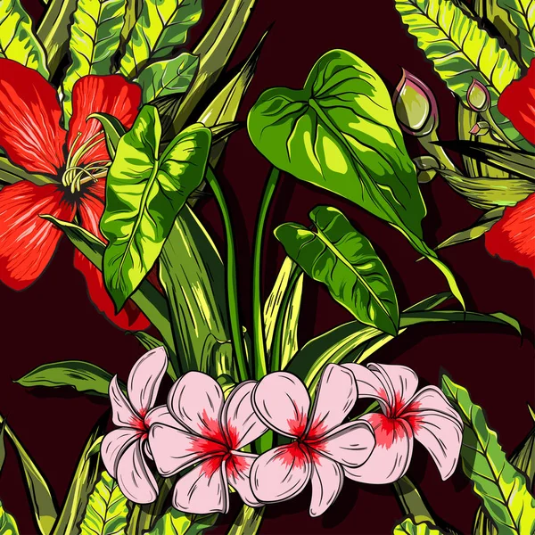 Fleurs tropicales, feuilles de jungle, fleurs paradisiaques. Beau motif floral vectoriel sans couture, imprimé exotique . — Image vectorielle