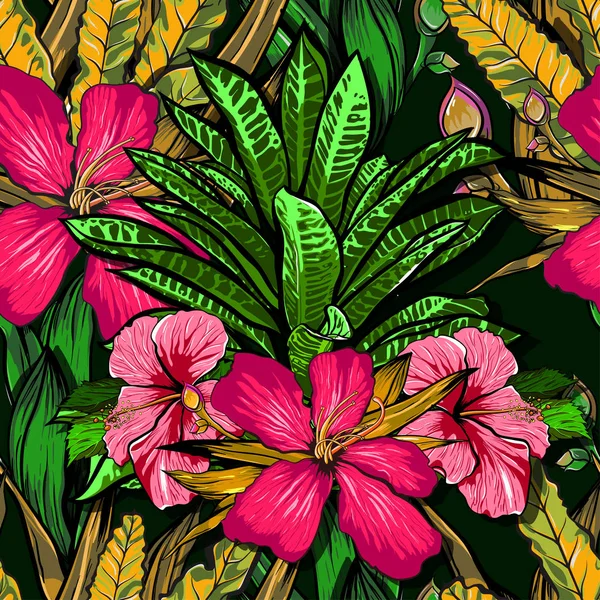 Flores tropicais, folhas da selva, flores paradisíacas. Belo vetor sem costura floral fundo padrão, impressão exótica . — Vetor de Stock