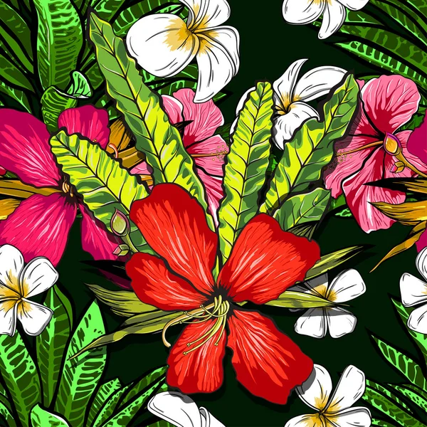 Flores tropicales, hojas de la selva, flores paradisíacas. Hermoso fondo de patrón floral vector sin costura, impresión exótica . — Vector de stock