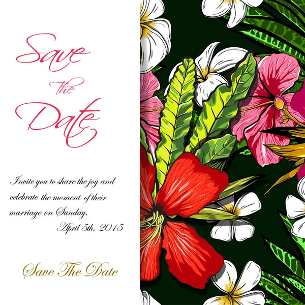 Invitation de mariage ou design de carte avec des fleurs tropicales exotiques et des feuilles. vecteur — Image vectorielle