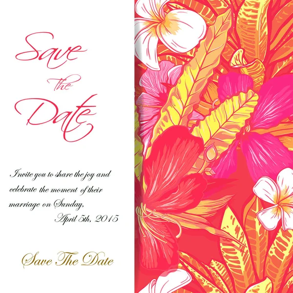Приглашение на свадьбу или оформление открытки с экзотическими тропическими цветами и листьями. вектор — стоковый вектор