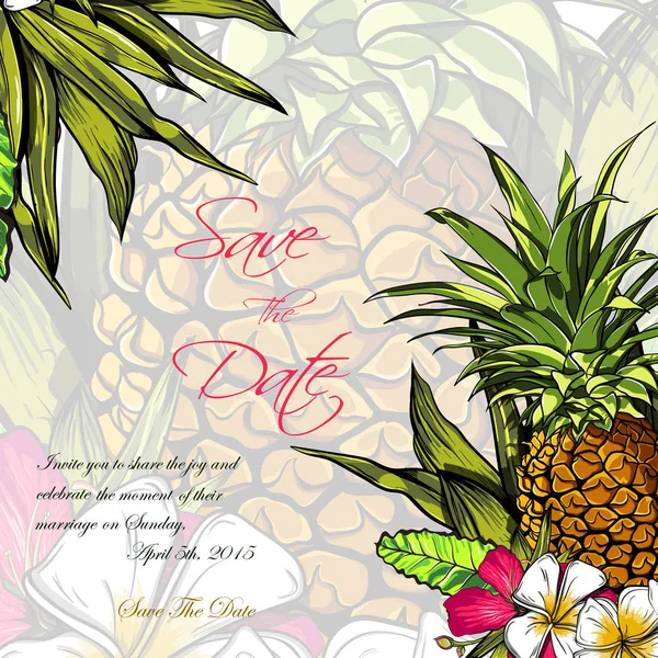 Invitación a la boda o diseño de tarjetas con flores tropicales exóticas y hojas. vector — Vector de stock