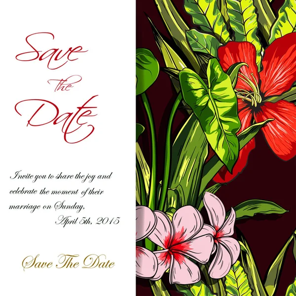 Invito di nozze o carta di design con fiori tropicali esotici e foglie. vettore — Vettoriale Stock