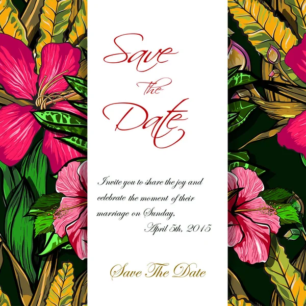 Convite de casamento ou design de cartão com flores tropicais exóticas e folhas. vetor — Vetor de Stock