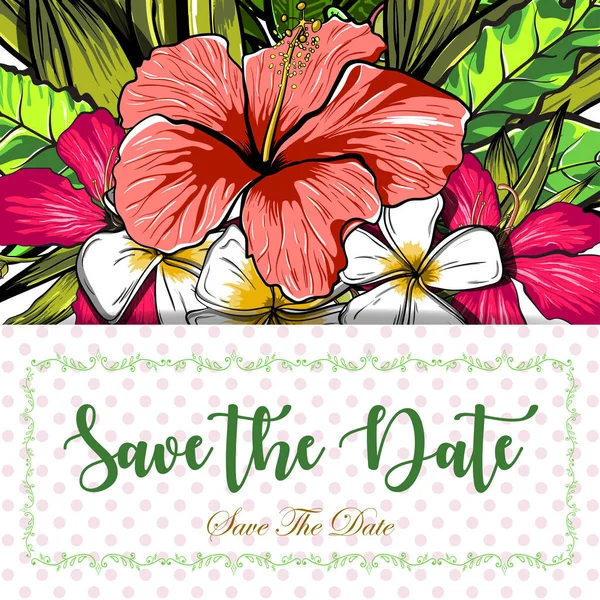 Bröllop inbjudan eller kort design med exotiska tropiska blommor och blad. vektor — Stock vektor