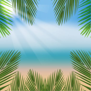 Deniz ve palm Beach bırakır. Vektör çizim. EPS