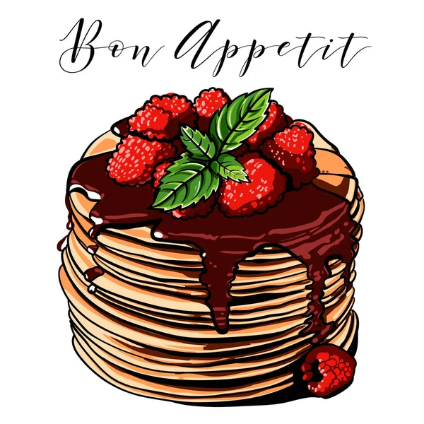 Vector pancake. Breakfast. Cafes. Berries. Raspberry. Blueberries. Mint. Vintage.Vintage. Signboard. chocolate — Stock Vector