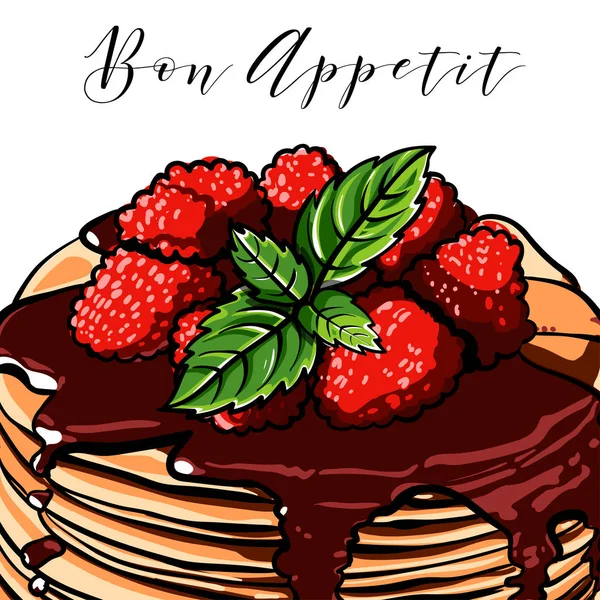 Vector pancake. Breakfast. Cafes. Berries. Raspberry. Blueberries. Mint. Vintage.Vintage. Signboard. chocolate — Stock Vector