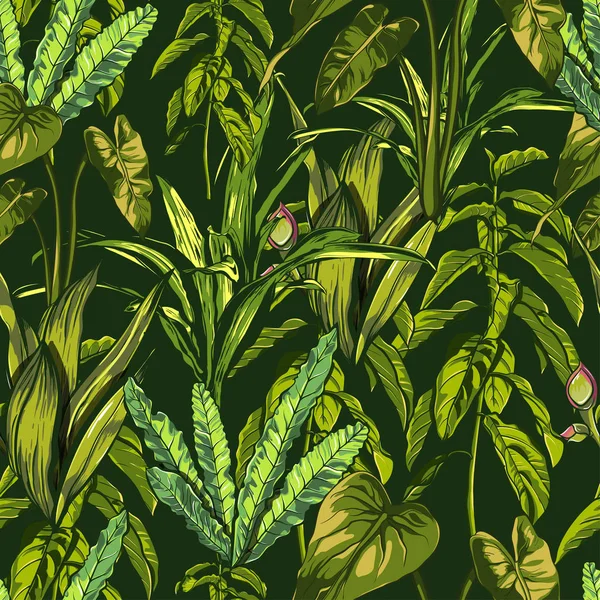 Hojas tropicales, densa selva. Sin costuras, pintado a mano, patrón. Fondo vectorial . — Archivo Imágenes Vectoriales