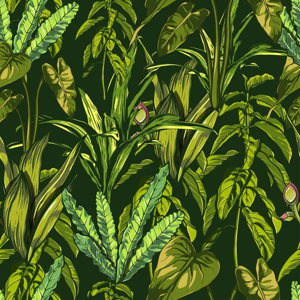 Hojas tropicales, densa selva. Sin costuras, pintado a mano, patrón. Fondo vectorial . — Vector de stock