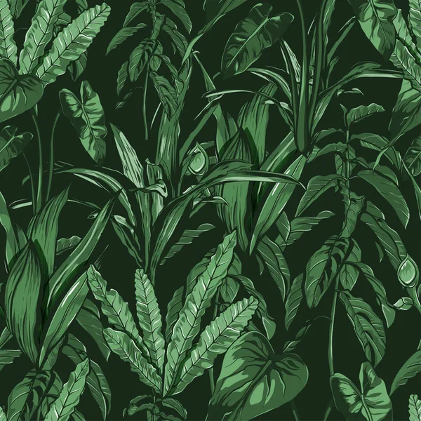 热带树叶，茂密的丛林。无缝，手绘，模式。矢量背景. — 图库矢量图片