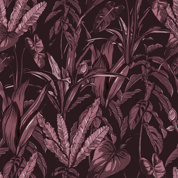 Tropikalne liście, gęstej dżungli. Bezszwowe, ręcznie malowane, wzór. Tło wektor. — Wektor stockowy