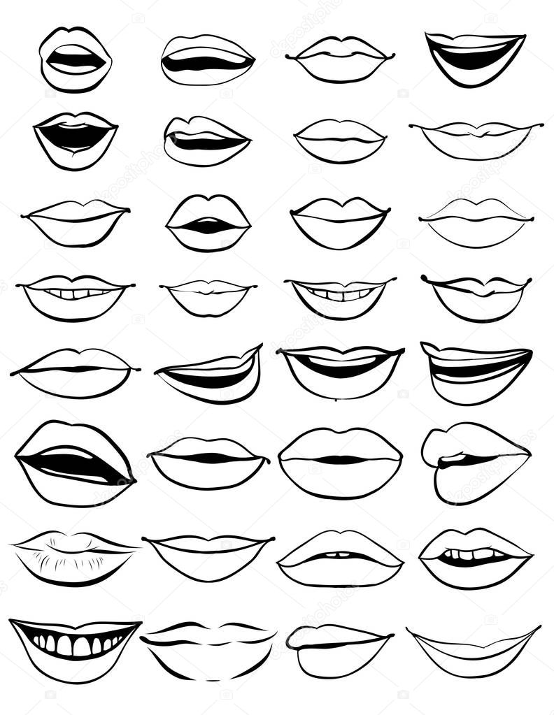 Big hand drawn set of outline lips. Vector illustration on a white background. EPS