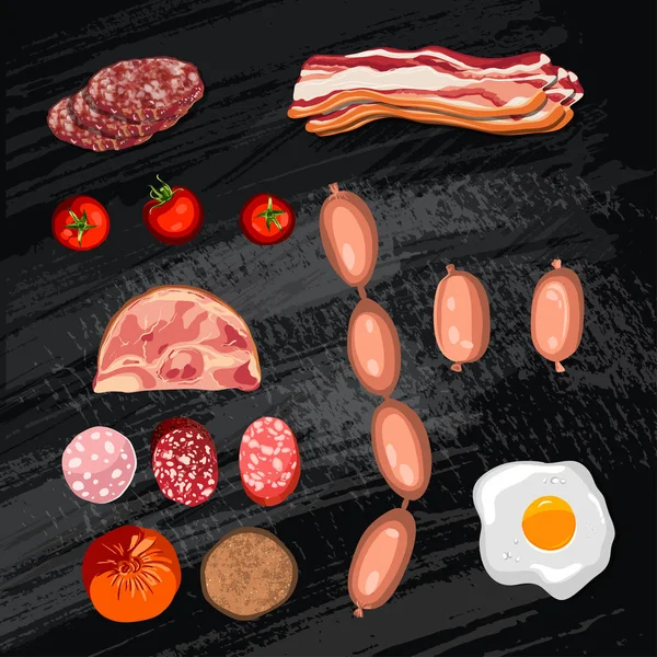 Um conjunto de salsichas. Bacon. Salame. Fumo cozido. Fatias. Objetos isolados em um fundo de placa de giz, ilustração vetorial —  Vetores de Stock