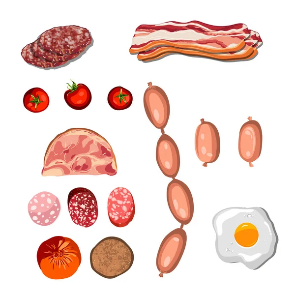 Juego de salchichas. Tocino. Salami. Hervido ahumado. Rebanadas. Objetos aislados sobre fondo blanco, ilustración vectorial — Vector de stock