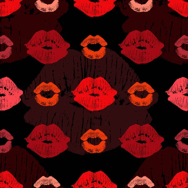Patrón sin costuras con hermosos colores rojos y rosados labios impresiones sobre fondo negro . — Archivo Imágenes Vectoriales