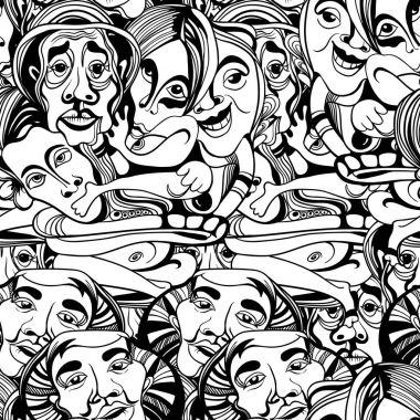 Elle çizilmiş Asyalılar Budistler karikatür vektör seamless modeli insanlar