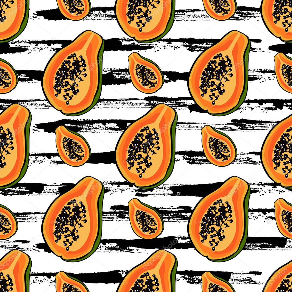 Tropical pattern with papaya.Seamless vector print with exotic fruit. Summer colorful textile texture