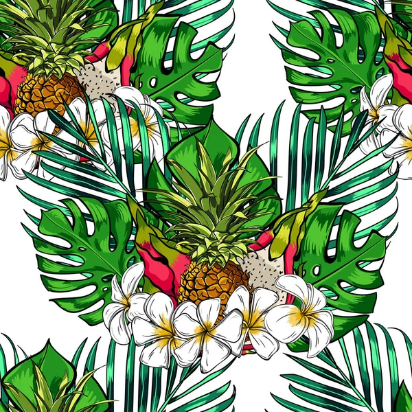 Tropiska löv och exotiska blommor på bakgrund. Exotiska sömlösa mönster. botaniska print. — Stockfoto