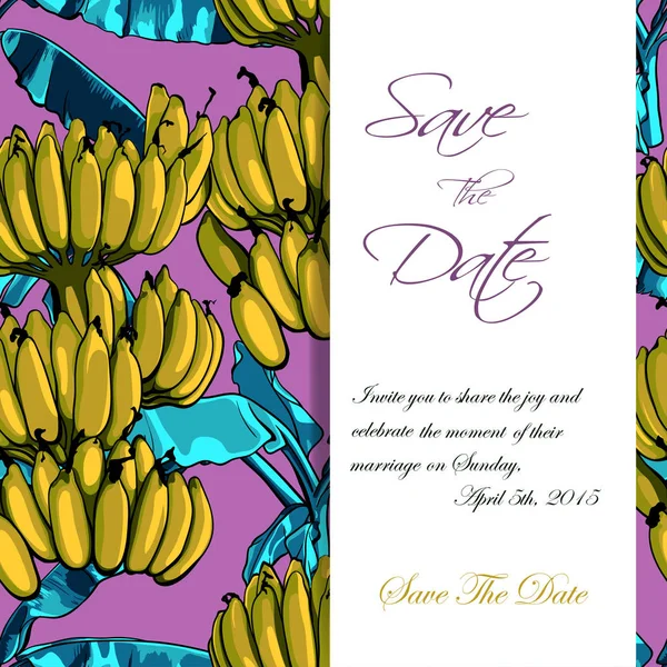 Invito di motivo tropicale con foglie di banana. Illustrazione vettoriale . — Vettoriale Stock