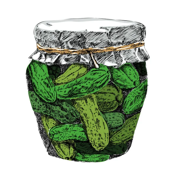 Pickled cucumbers in brine and jar vector. — Stock Vector