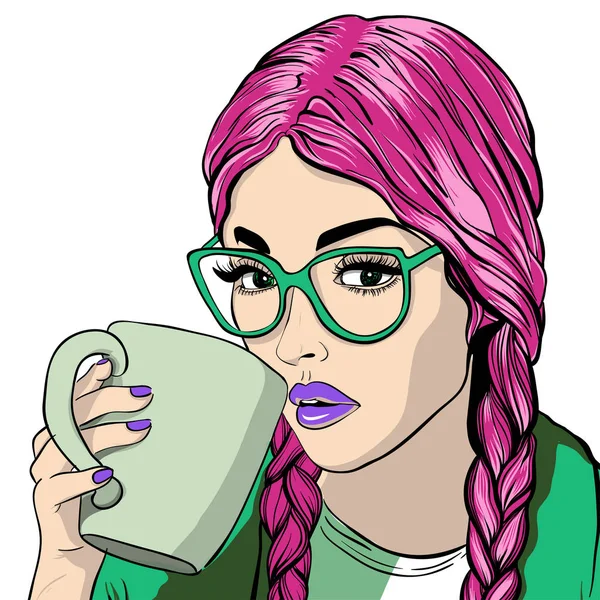 Hermosa chica con gafas de sol y taza de café . — Vector de stock