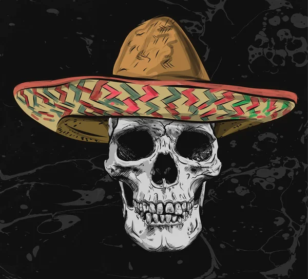 Vetor de crânio mexicano com sombrero no fundo . — Vetor de Stock