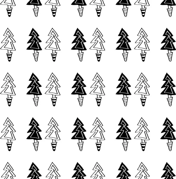 Black and white seamless Christmas pattern - varied Xmas trees and snowflakes. Winter forest illustration. Vector — Stock Vector