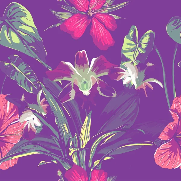Свадебный бесшовный узор с экзотическими тропическими цветами и листьями. вектор — стоковый вектор