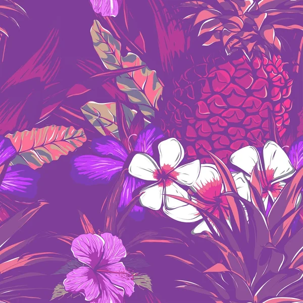 Het huwelijk van naadloze patroon ontwerp met exotische tropische bloemen en bladeren. vector — Stockvector