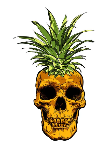 Elle çizilmiş kafatası meyve ananas illüstrasyon vektör.