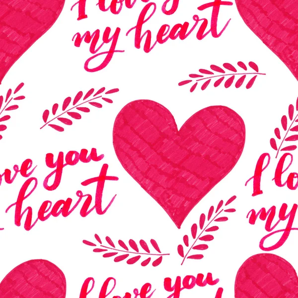 Hand drawn seamless pattern with hearts and lettering. Msde with marker — Stock Photo, Image