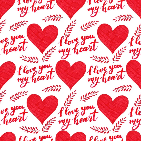 Hand drawn seamless pattern with hearts and lettering. Made with marker — Stock Photo, Image