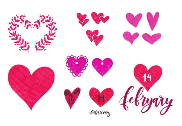 Marker set of Valentine day elements for design. Ornamental frame, lettering, hearts. — Stock Photo, Image