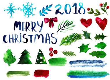 Çiçekler ve Noel çiçek öğeleri - suluboya tarzında koleksiyonu.