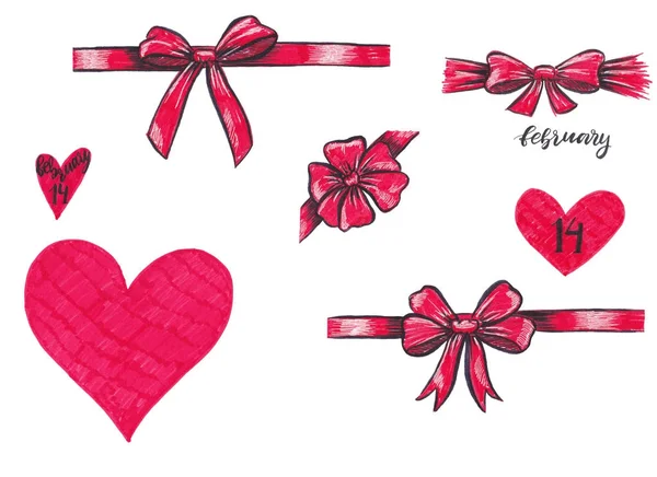 Marker zestaw elementów dzień Valentine dla projektu. Wstążki ozdobne, serca, łuk. — Zdjęcie stockowe