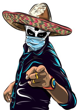 Şapkalı ve tıbbi maskeli Meksikalı adam. Ölüler Günü. Meksika iskeleti