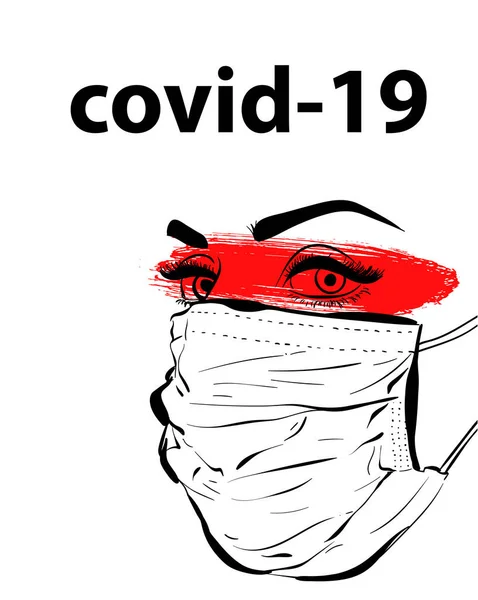 Cara de mujer enmascarada Virus Covid19, epidemia. Máscara resperatoria protectora . — Vector de stock