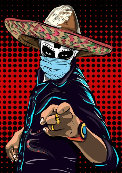 Homem mexicano de chapéu e máscara médica. Dia dos Mortos. Esqueleto mexicano — Vetor de Stock