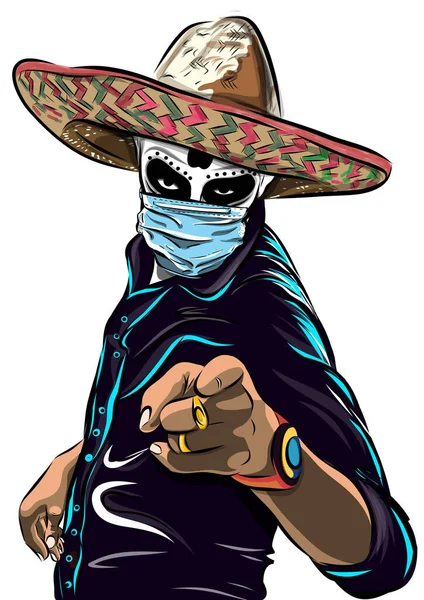 Homem mexicano de chapéu e máscara médica. Dia dos Mortos. Esqueleto mexicano —  Vetores de Stock