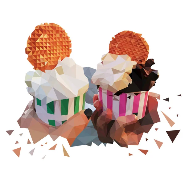Nízké poly dva poháry se zmrzlinou koule a kulaté vafle. Vektorová kresba rukou muže a ženy na romantickém rande, na ulici v polygonálním stylu — Stockový vektor