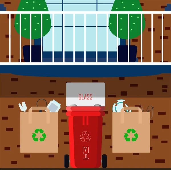 Vector ilustração plana de triagem de lixo em categorias de plástico, orgânico, metal, papel, vidro. lata de lixo com lixo classificado para reciclagem ambiental no fundo de uma casa de tijolos com um —  Vetores de Stock