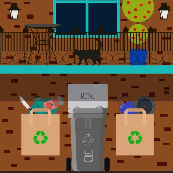 Vector ilustração plana de triagem de lixo em categorias de plástico, orgânico, metal, papel, vidro. lata de lixo com lixo classificado para reciclagem ambiental no fundo de uma casa de tijolos com um — Vetor de Stock