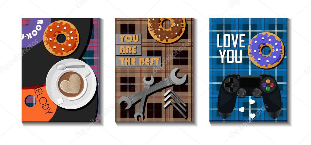 flyers cards for father s day, congratulations on defender s day. Card for the music lover, the gamer or master. Postcards with a checkered background. Cards for banners, websites, and ads.