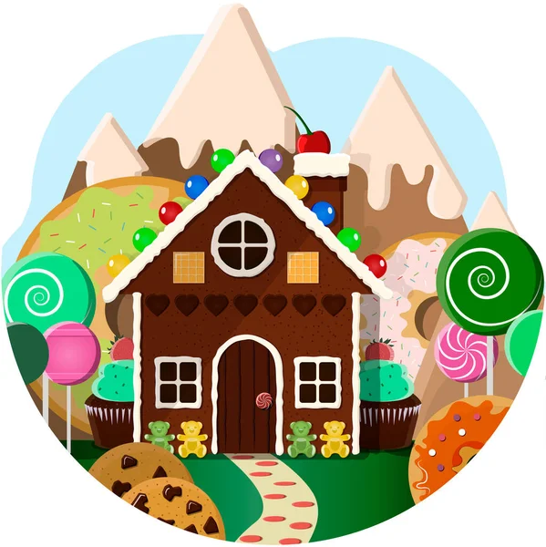 Mézeskalács ház Candy fák és édes hegyek a háttérben. Cukrászda illusztrációja nyalókákkal, muffinokkal, sütikkel, fánkokkal és gyümölcsökkel. — Stock Vector