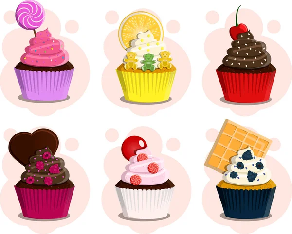 Un conjunto de diferentes cupcakes con crema y cobertura. Cartel de pasteles con bayas, chocolate, dulces, piruletas, chispas, ositos de mermelada y frutas . — Archivo Imágenes Vectoriales