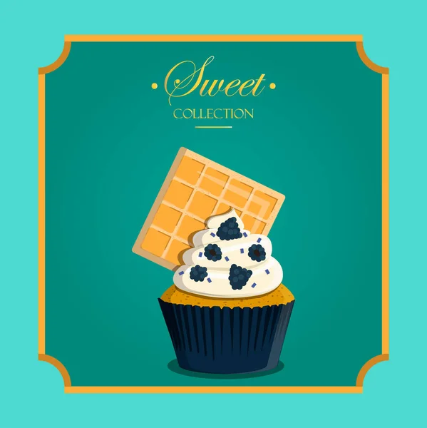 Cupcake em um estilo retro com um fundo geométrico e elementos retro. Vector cartão de saudação para um aniversário ou feriado. Sobremesa para um site, padaria, menu ou pastelaria — Vetor de Stock