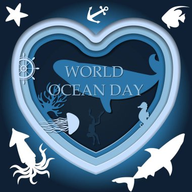 Mavi ve mavi kağıtlardan kesilmiş, sualtı dünyasının çok katmanlı bir resmi. Okyanusun derinliğinin vektör çizimi. Deniz hayvanları ve deniz yosunları kalp şeklinde. Dünya için kartpostal.